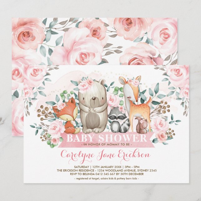 Girly Woodland Animals Chic Pink Roses Baby Dusche Einladung (Vorne/Hinten)