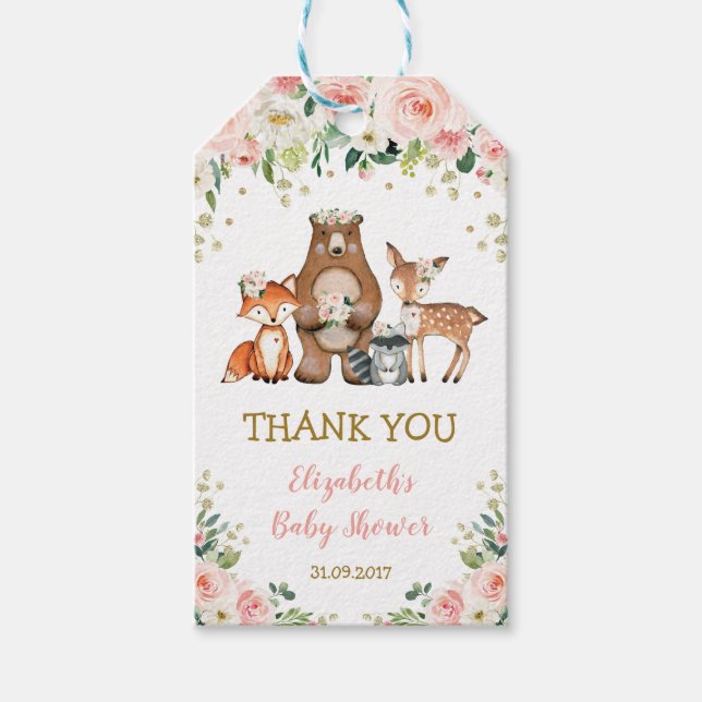 Girly Woodland Animals Pink Floral Baby Dusche Geschenkanhänger (Vorderseite)