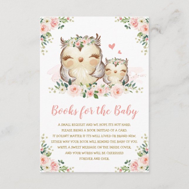Girly Woodland Floral Owl Bringen Sie ein Buch für Begleitkarte (Vorderseite)