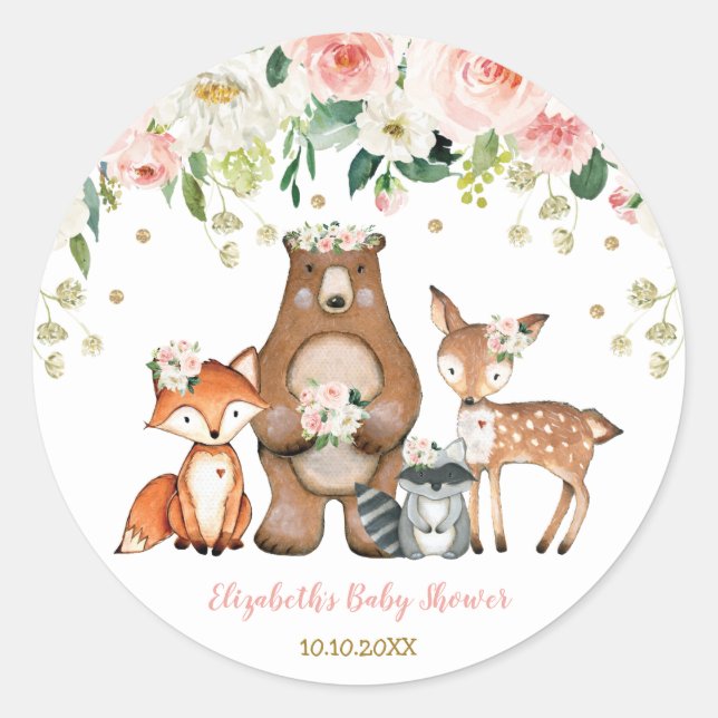 Girly Woodland Forest Animals Baby Dusche Geburtst Runder Aufkleber (Vorderseite)