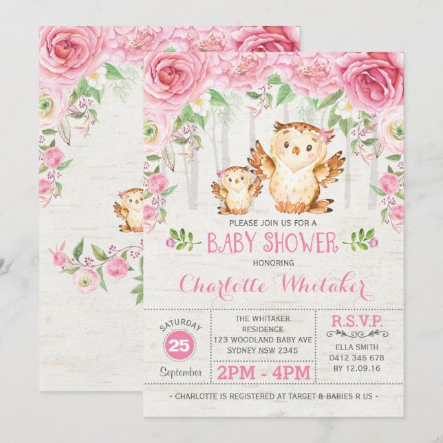 Girly Woodland Owl Pink Bläserdusche Einladung (Vorne/Hinten)