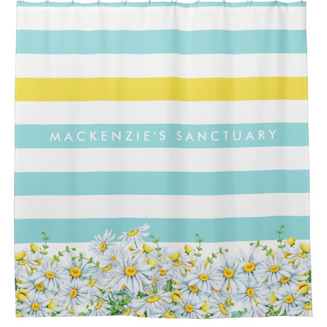 Girly Yellow Daisis und Aqua Streifen mit Namen Duschvorhang (Vorderseite)