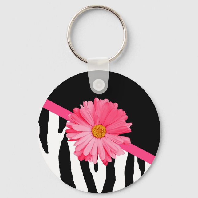 Girly Zebra Muster Niedlich rosa Daisy mit Namen Schlüsselanhänger (Vorderseite)
