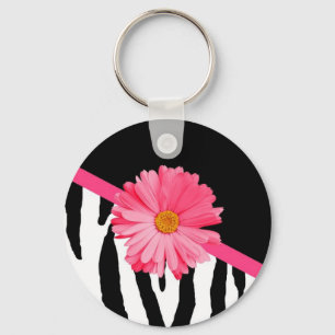Girly Zebra-Muster-niedliches rosa Gänseblümchen Schlüsselanhänger