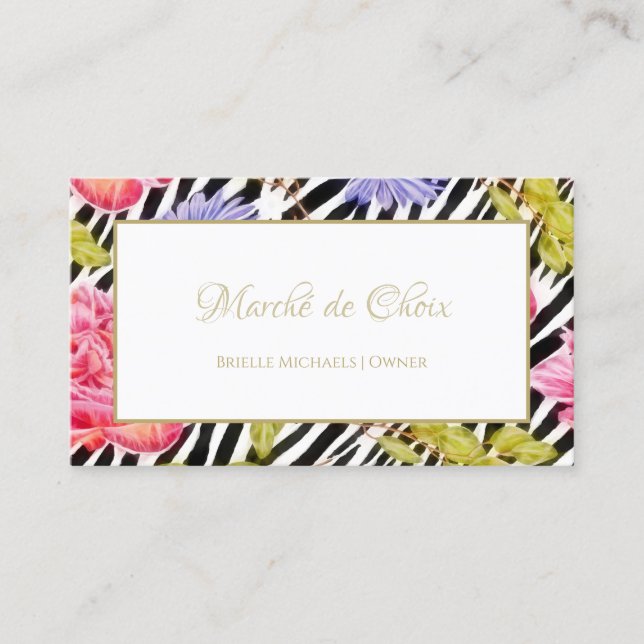 Girly Zebra Print Pink Peony Foral Beauty Boutique Visitenkarte (Vorderseite)