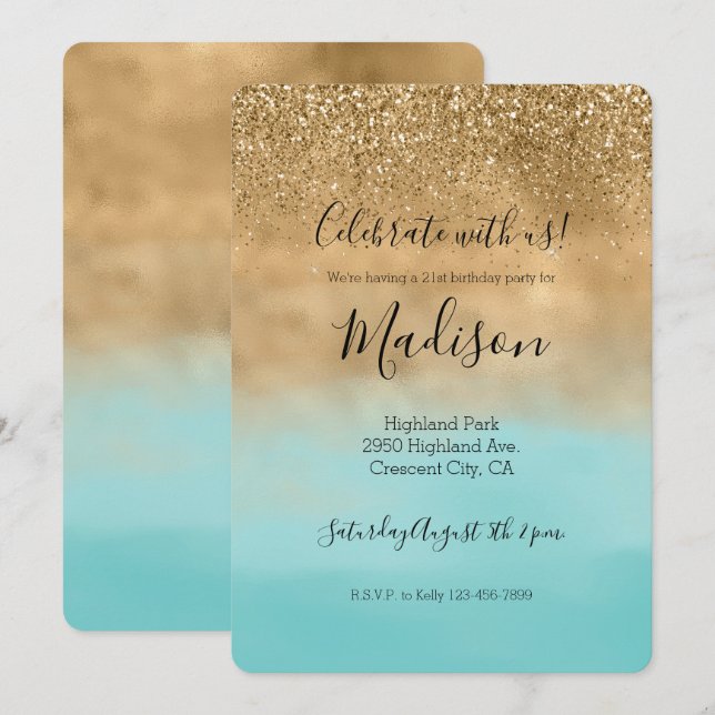 Giro Aqua Watercolor Gold Glitzer Einladung (Vorne/Hinten)