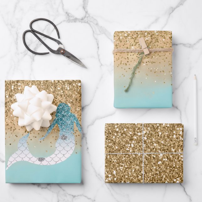 Giro Aqua Watercolor Gold Glitzer Meerjungfrau    Geschenkpapier Set (Vorderseite)