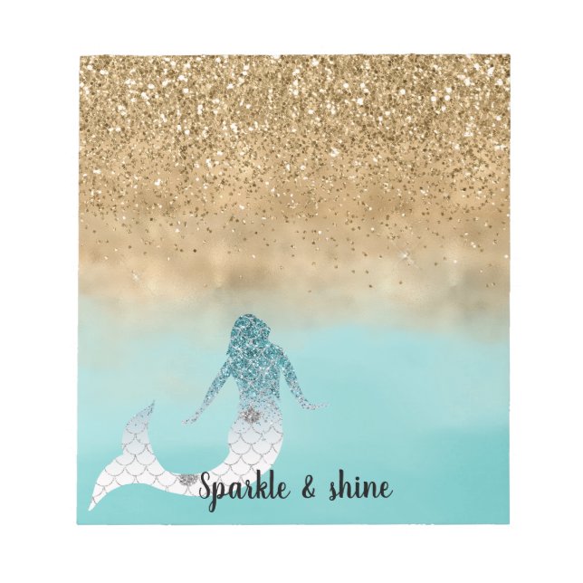 Giro Aqua Watercolor Gold Glitzer Meerjungfrau Notizblock (Vorderseite)