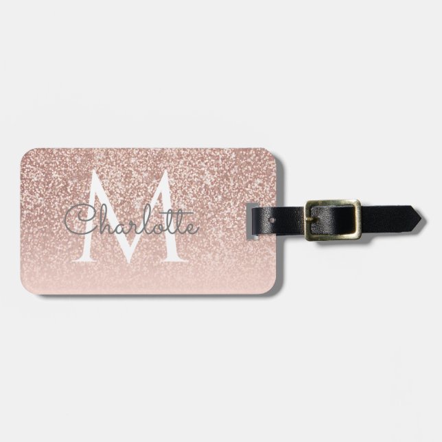 Giro-Script-Rose Gold Glitzer Blush Pink Monogram Gepäckanhänger (Vorderseite horizontal)