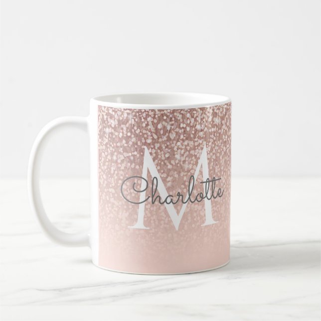 Giro-Script-Rose Gold Glitzer Blush Pink Monogram Kaffeetasse (Links)