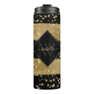 Girona Modern Black Gold Glitzer Script Monogram  Thermosbecher