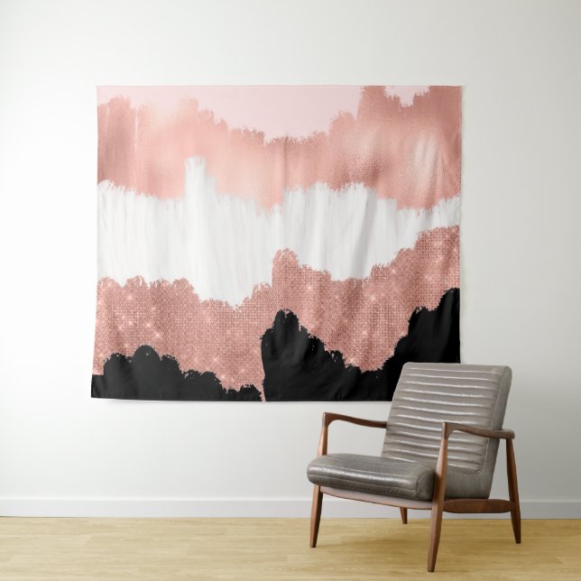 Girona Modern Rose Gold Pink Glitzer Pinselstrich Wandteppich (Beispiel (Horizontal))