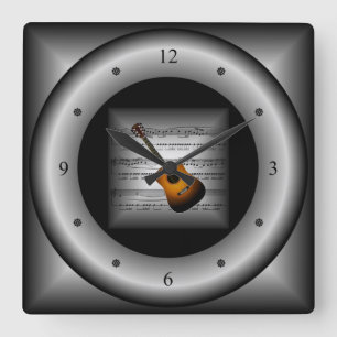 Gitarre ~ 3D Sheet Music ~ Kissensilber/Schwarz-Rü Quadratische Wanduhr