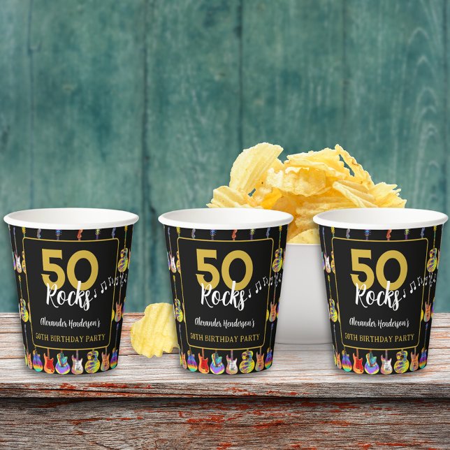 Gitarre 50. Geburtstagsparty Custom Pappbecher (Guitar 50th birthday party custom black and gold paper cups)