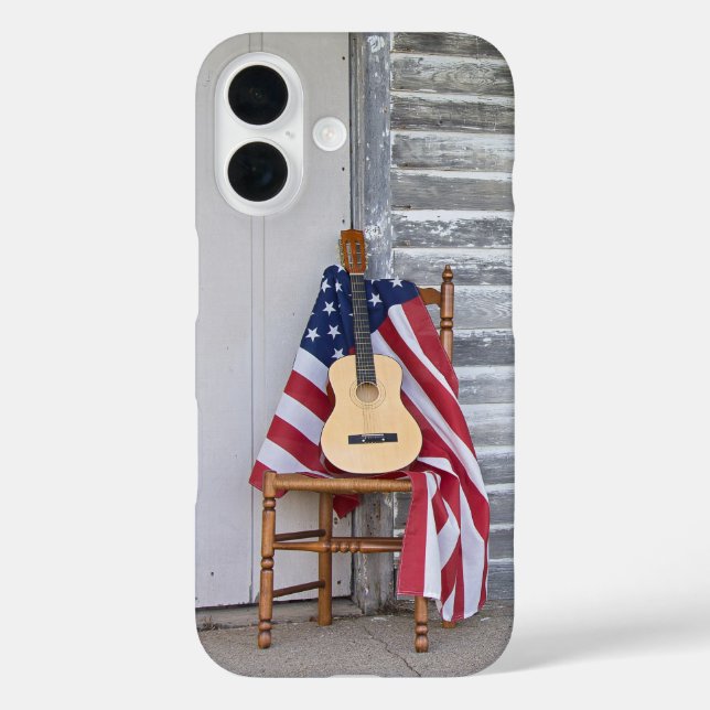 Gitarre auf amerikanischer Flagge iPhone 16 Hülle (Rückseite)