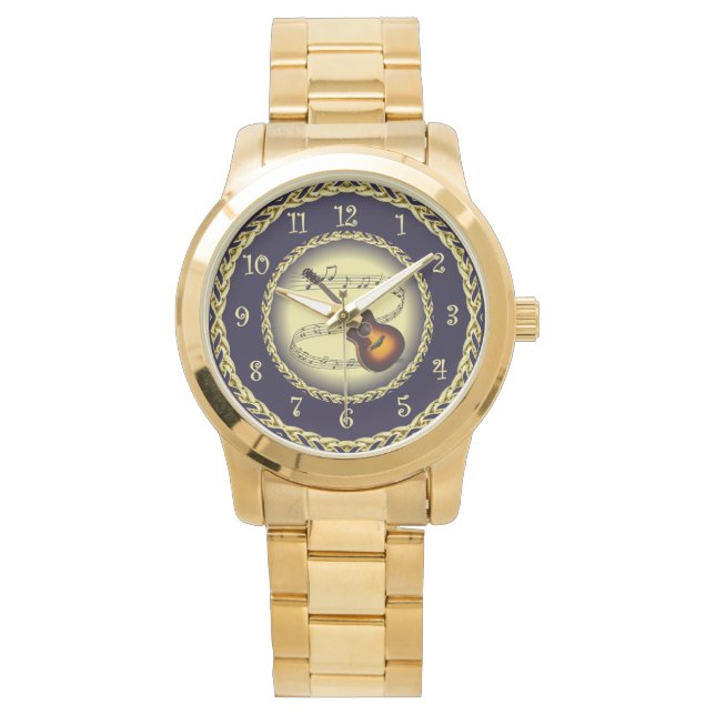 Gitarre ~ Musikalische Scroll ~ Gold/Navy Blue ~ S Armbanduhr (Vorderseite)