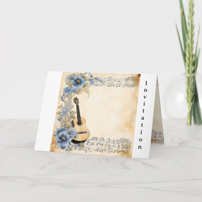 Gitarre Musiknoten Blume Blue Einladung (Vorderseite)