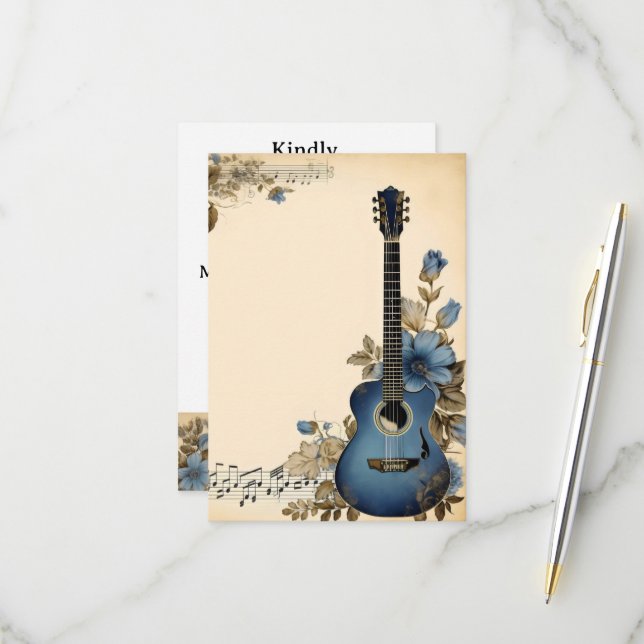 Gitarre-Musiknoten-Blume RSVP Karte (Vorderseite/Rückseite Beispiel)