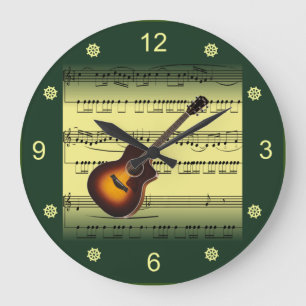 Gitarre~Rolled Sheet Music~Gold/Green Background~ Große Wanduhr