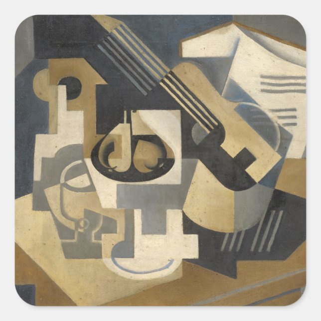 Gitarre und Obstschale auf einem Tisch, 1918 Quadratischer Aufkleber (Vorderseite)
