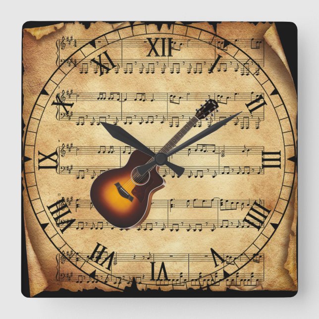 Gitarre ~ Vintager Notenhintergrund ~ Unique ~ Quadratische Wanduhr (Vorderseite)