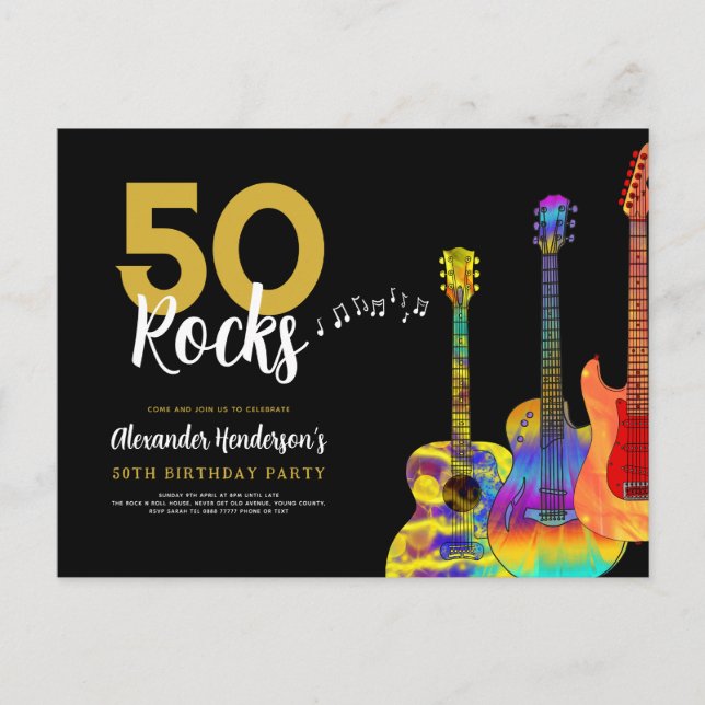 Gitarren 50. Geburtstagsparty 50 Rocks Einladungspostkarte (Vorderseite)