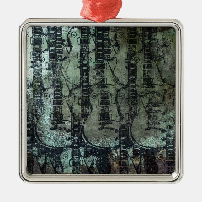 Gitarren-aquamarine grüne schwarze Collage Silbernes Ornament (Vorne)