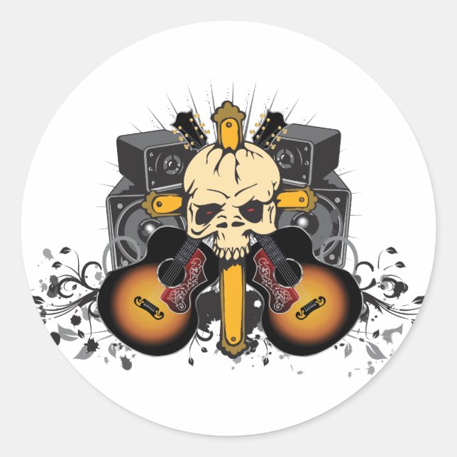Gitarren-Lautsprecher und Schädel Runder Aufkleber (Vorderseite)