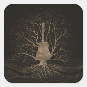 Gitarren-Musik-Baum - Gold und Braun Quadratischer Aufkleber