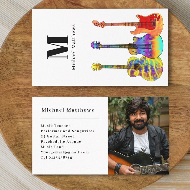 Gitarrenlehrer Custom Foto Visitenkarte (Modern guitar music teacher professional musician photo Business card Colorful guitar art)