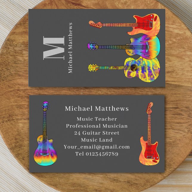 Gitarrenlehrer Custom Monogram Visitenkarte (Modern guitar music teacher professional musician gray Business card)