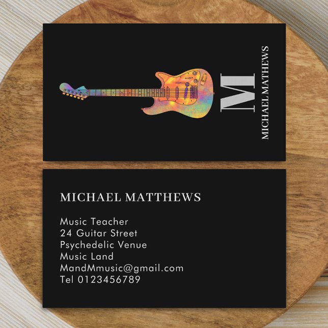 Gitarrenlehrer Custom Visitenkarte (Guitar teacher professional musician simple Business card Colorful electric guitar art sleek black)