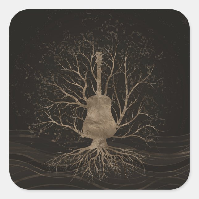Gitarrenmusik Tree - Gold und Browns Quadratischer Aufkleber (Vorderseite)