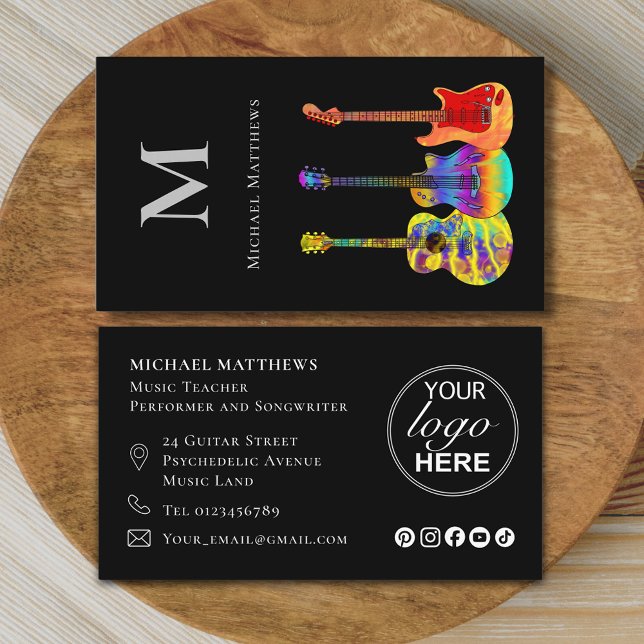 Gitarrenmusik Tutor - Benutzerdefinierte Logos und Visitenkarte (Modern guitar music teacher professional musician logo social media Business card colorful guitars)