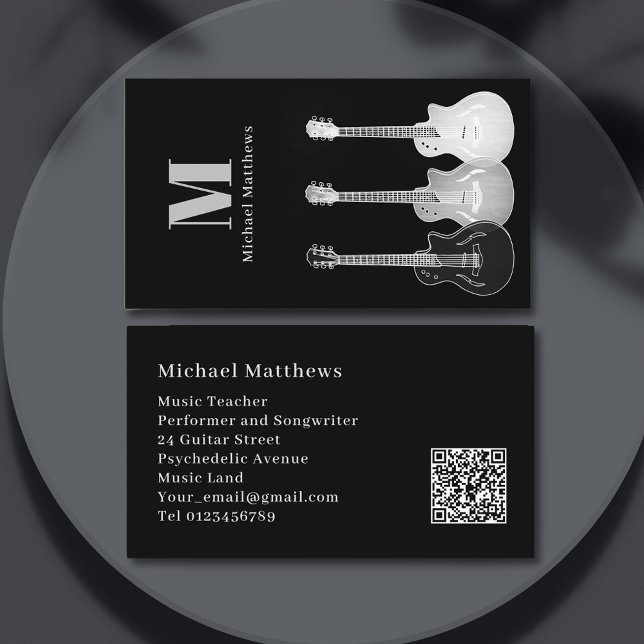 Gitarrenmusiker Beruflicher QR-Code Visitenkarte (Guitar teacher and musician songwriter modern professional black and white monogram business card)