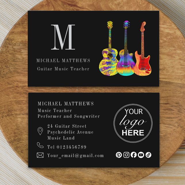 Gitarrenmusiklehrer Benutzerdefiniertes Logo und S Visitenkarte (Modern professional musician guitar music teacher logo social media Business card)