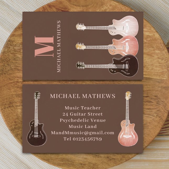 Gitarrenmusiklehrer Brown Visitenkarte (Rustic guitar music teacher professional musician Business card Country music semi acoustic guitars)