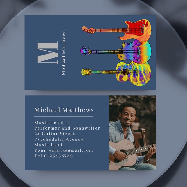 Gitarrenmusiklehrer Custom Foto Visitenkarte (Guitar music teacher photo template custom business card)