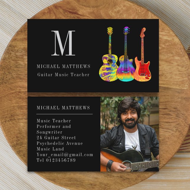 Gitarrenmusiklehrer Custom Foto Visitenkarte (Modern guitar music teacher custom photo business card)