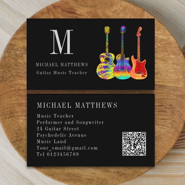 Gitarrenmusiklehrer - kundenspezifischer QR-Code Visitenkarte (Stylish guitar teacher custom qr code business card)