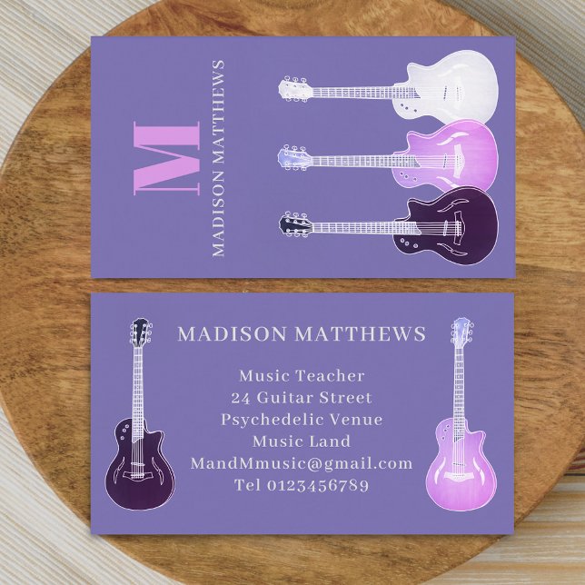 Gitarrenmusiklehrer Lila Visitenkarte (Modern musician guitar music teacher purple pink Business card monogram initials simple minimalist )