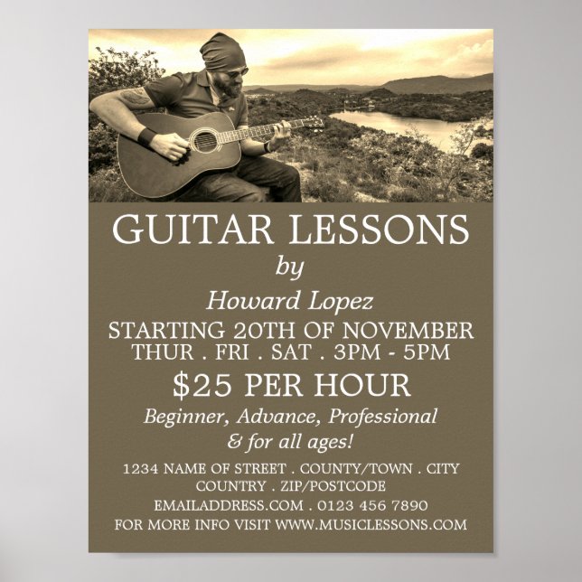 Gitarrenspieler, Gitarrenunterricht Werbung Poster (Vorne)