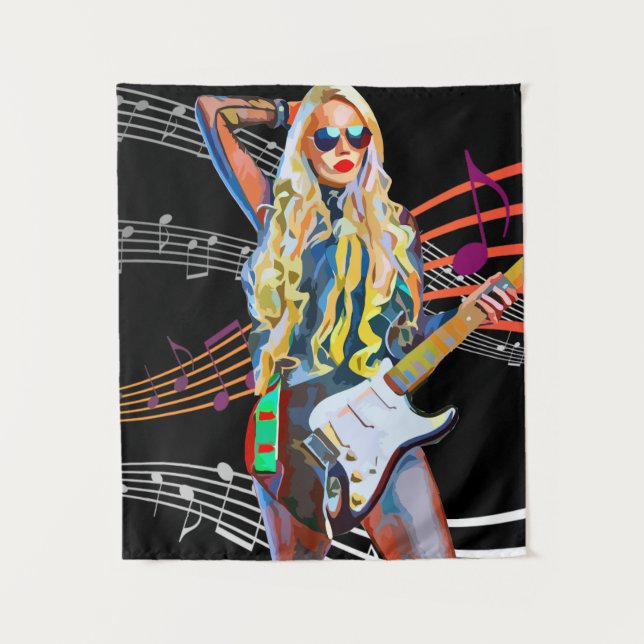 Gitarrist blonde Rocker Abstrakt Frauenmusik Wandteppich (Vorderseite)