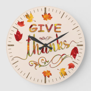 Give Thanks Fall Rustic Thanksgiving Monogram Große Wanduhr