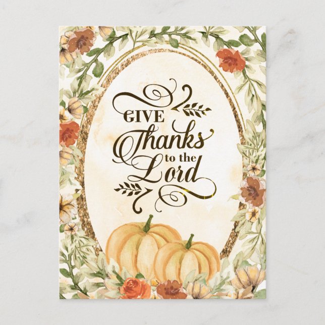 Give Thanks to the Lord Autumn Flowers & Pumpkins Postkarte (Vorderseite)