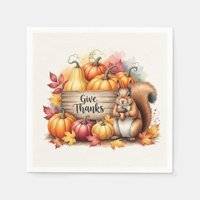 Give Thanks – Whimsical Squirrel & Pumpkin Harvest Serviette (Vorderseite)