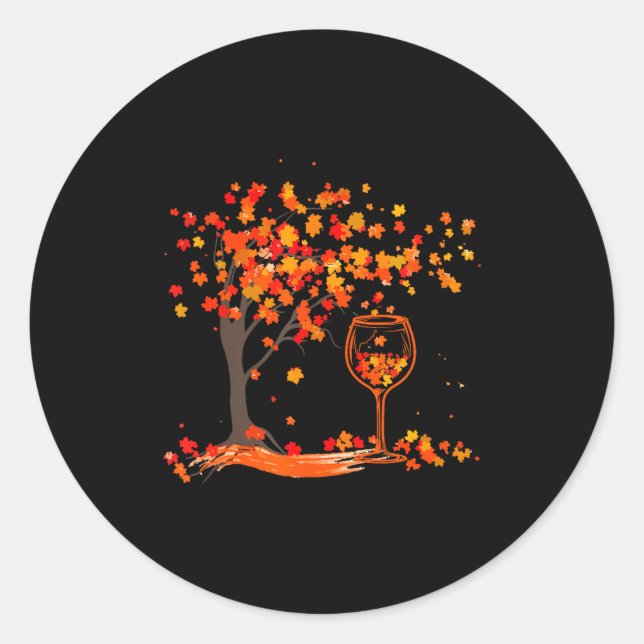 Gl Of Wine Maple Leaf Autumn Fall Funny Drink Wine Runder Aufkleber (Vorderseite)