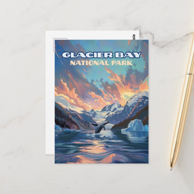 Glacier Bay Nationalpark Alaska Whale Vintag Postkarte (Vorderseite/Rückseite Beispiel)