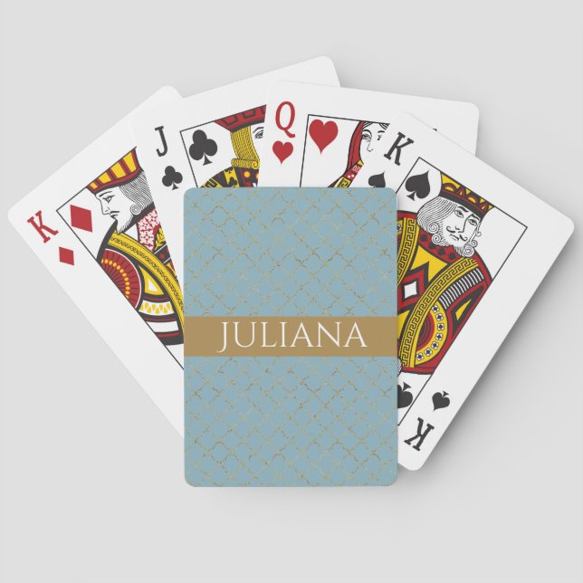Glacier Blue Gold Quatrefolie Personalisiert Spielkarten (Rückseite)