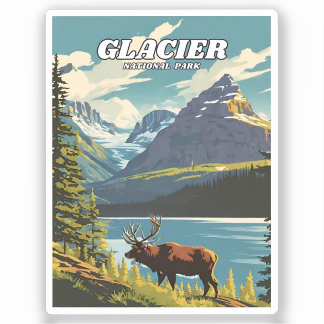 Glacier National Park Illustration Retro Decorativ Aufkleber (Vorderseite)